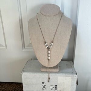 Gold tone white enamel accent y shaped lariat necklace long lanyard formal layer